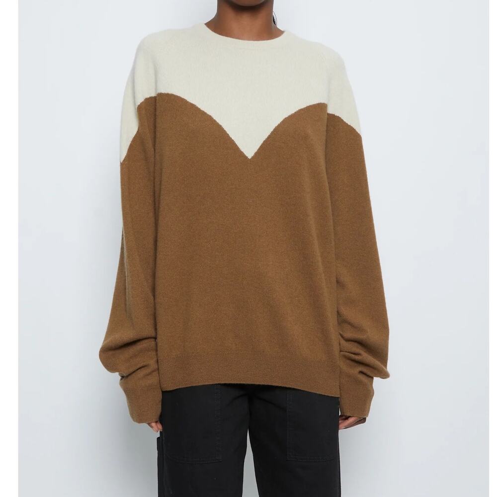 Frenckenberger Boyfriend Crewneck Sweater Small Cream Warm Brown 100% Cashmere